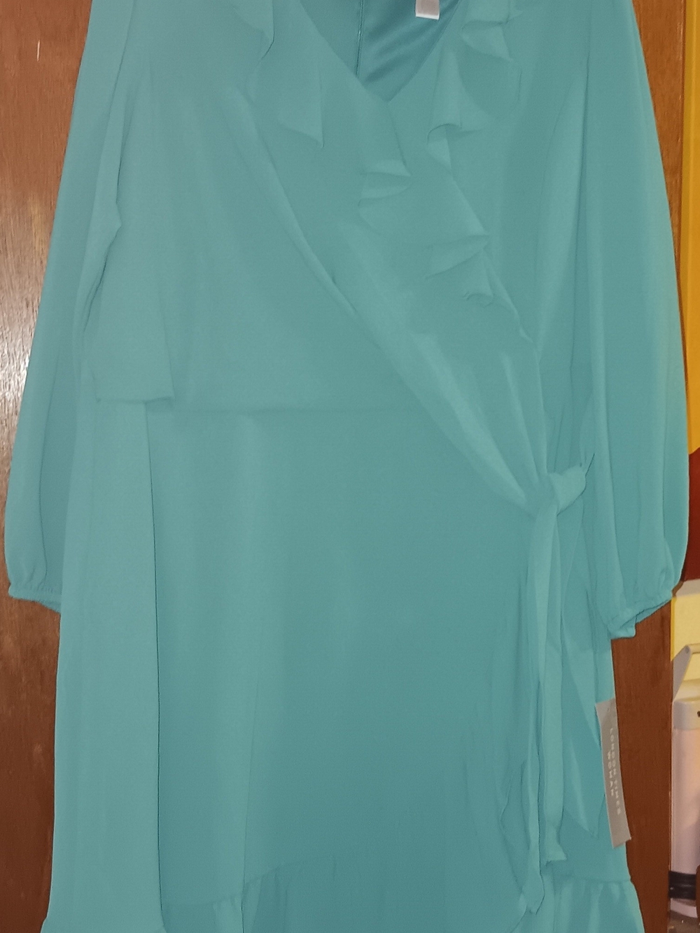 London Times Teal Ruffle Wrap Midi Dress - Long Sleeve